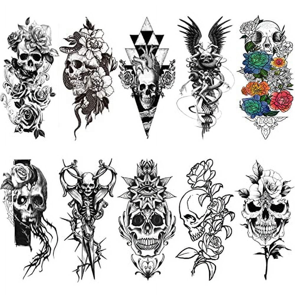 Amazon Com 77 Sheets Skull Flower Realistic Temporary Tattoos For Women Men Adult Large Rose Bones Flowers Floral Fake Tattoos Girl Skeleton And Spooky Halloween Temp Tatoo Sticker Thigh Back Leg