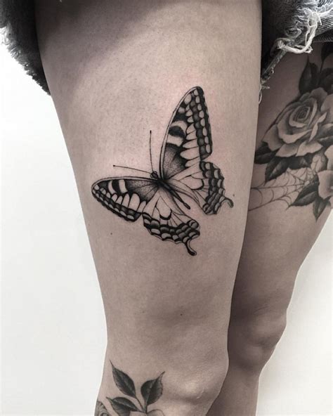 Black Ink Butterfly On Girls Thigh Black Ink Butterfly On Girls Thigh