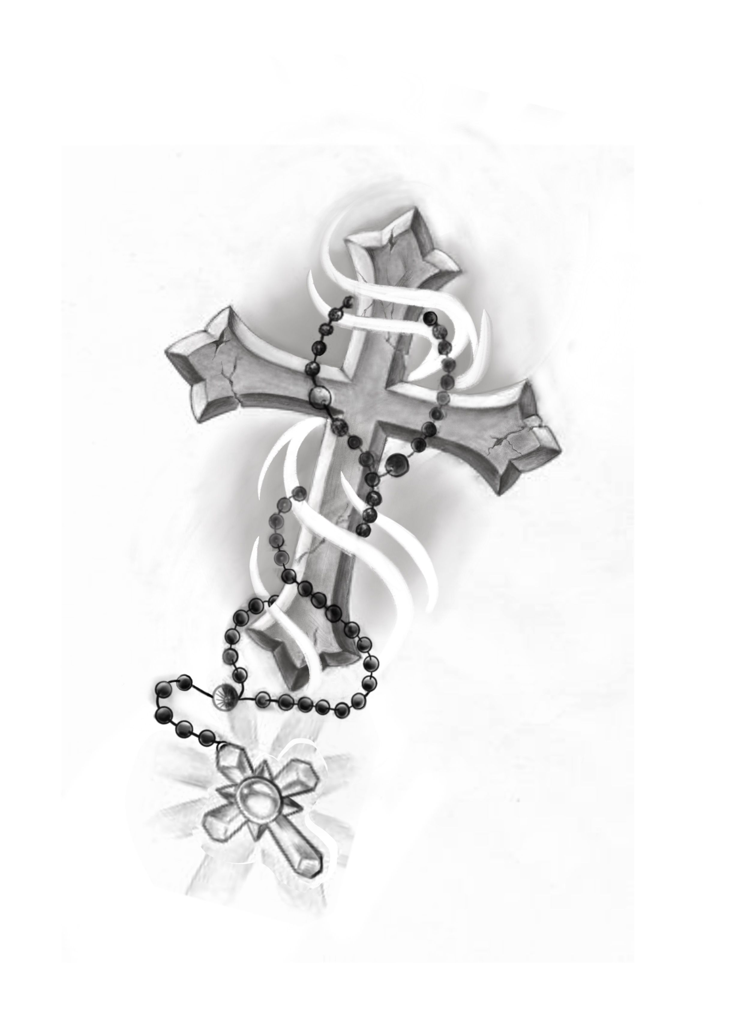 Cross Tattoo With Black Beads And Silver Ribbon