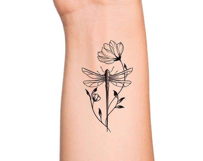 Dragonfly And Flowers Temporary Tattoo