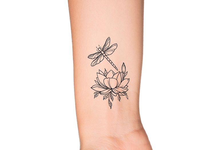 Dragonfly Lotus Feminine Outline Temporary Tattoo Wildflower Insect Floral And Leaves Outline Tattoo Etsy