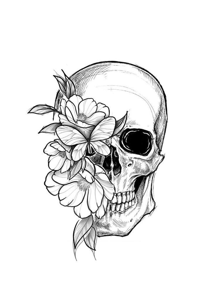 Feminine Skull Tattoo With Floral Design