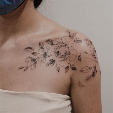 Fine Line Flower Tattoos Shoulder Tattoos For Women Feminine Fine Line Flower Tattoos Shoulder Tattoos For Women Feminine