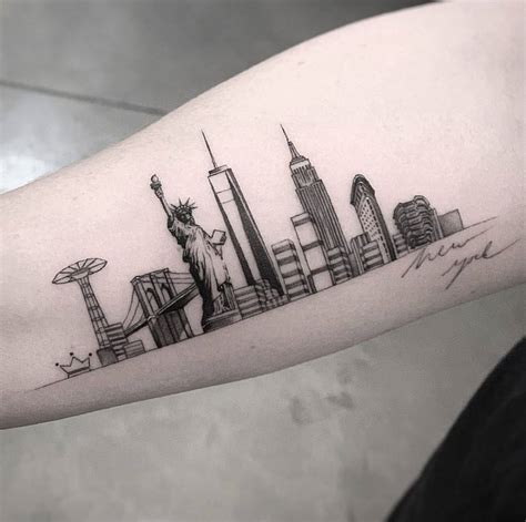 Fine Line New York Skyline Tattoo On The Inner Forearm Fine Line New York Skyline Tattoo On The Inner Forearm
