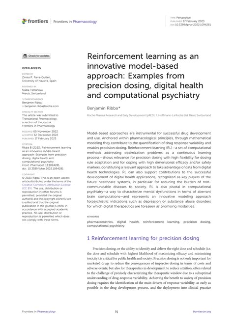 Frontiers Reinforcement Learning As An Innovative Model Based Approach Examples From Precision Dosing Digital Health And Computational Psychiatry Frontiers Reinforcement Learning As An Innovative Model Based Approach Examples From Precision Dosing Digital Health And Computational Psychiatry