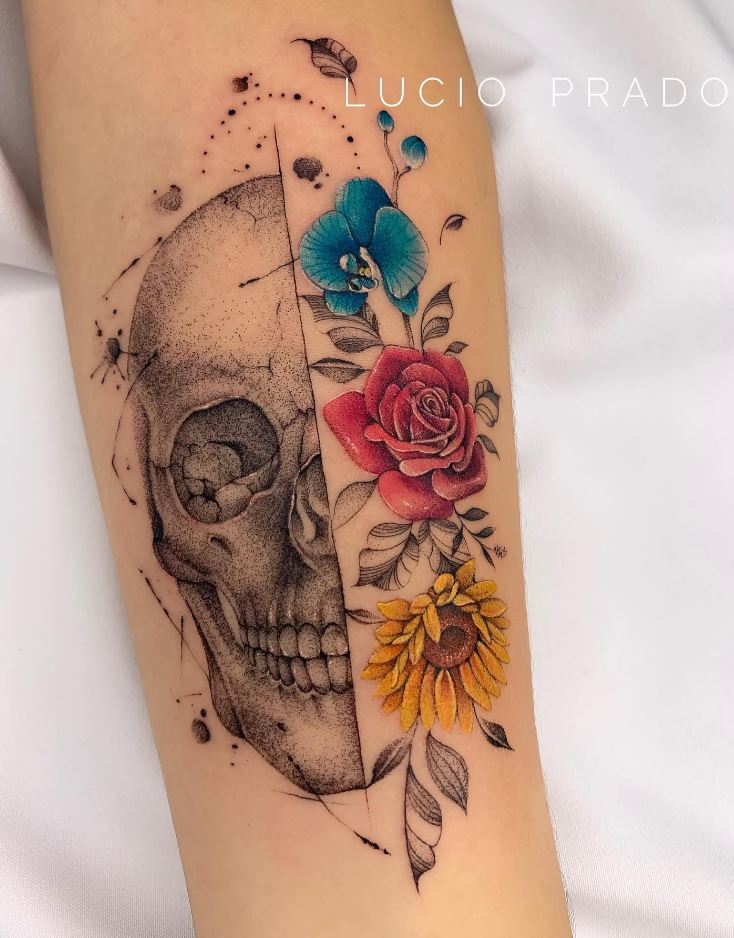 Her Tattoo Which Includes Flowers And A Skull Carries The Meaning That Flowers Bloom From The Darkest Places The Flowers Symbolize Her Family While The Skull Represents The Trauma Of Death She