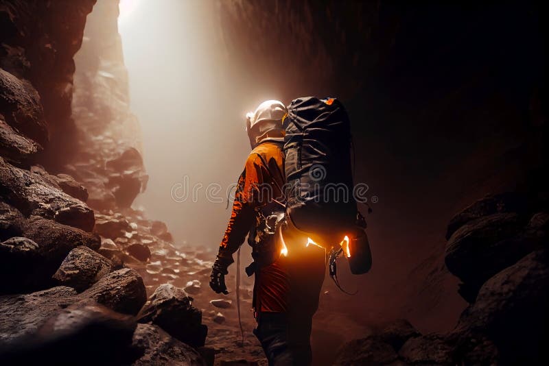 Man Exploring The Cave Deep Under Earth Generative Ai Stock Man Exploring The Cave Deep Under Earth Generative Ai Stock